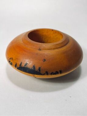 Vintage Muth Palmer Alaskan Birch Wood Candle Holder Hand Painted Scene